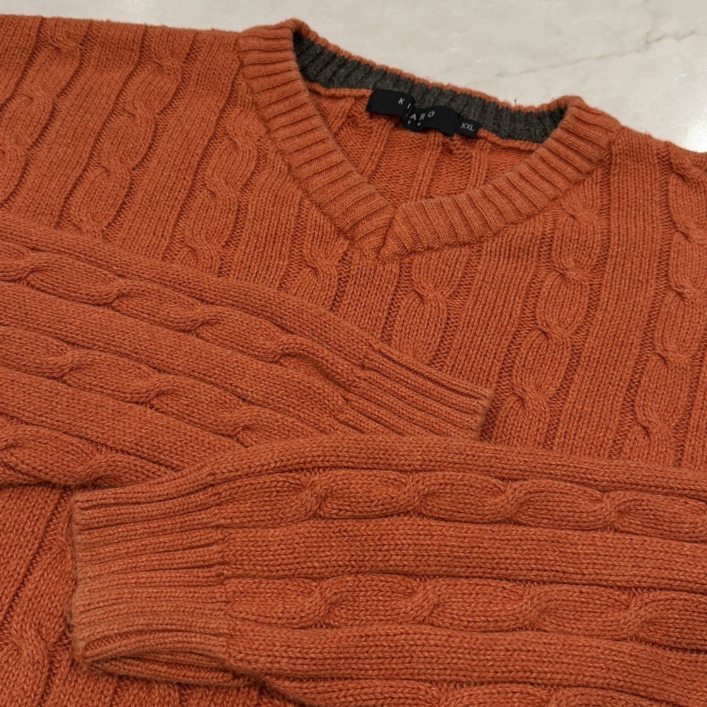 Kitaro Cable Knit Sweater Mens V Neck Burnt Orange Cotton XXL‎